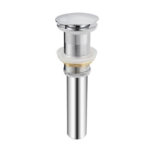 May include: A chrome bathroom sink drain stopper with a white plastic ring and a brass ring.