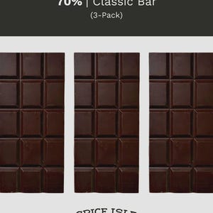 May include: Three dark chocolate bars with a classic grid pattern are displayed against a white background. The bars are labelled "70% | Classic Bar (3-Pack)" and the brand name "Spice Isle Craft Chocolate" is visible at the bottom.
