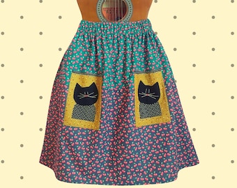 retro skirt art alternative clothing design custom design cherry cats colors retro fabric black cat designer handmade special cat skirt