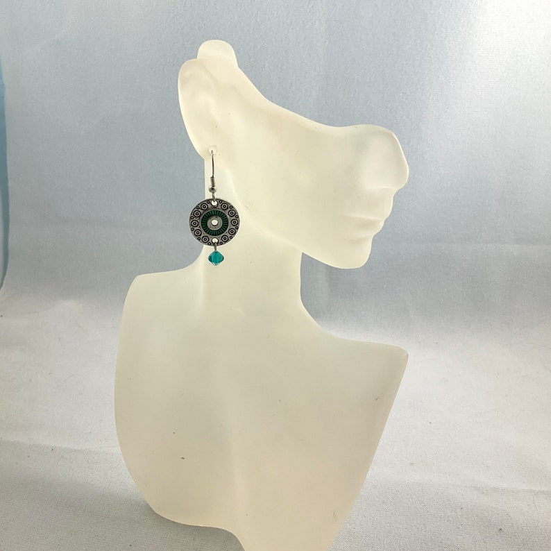 Abstract Design Earrings Modern Silver Pattern Earrings Green Swirl Funky Circle Earrings Crystal Dangle Earrings for her