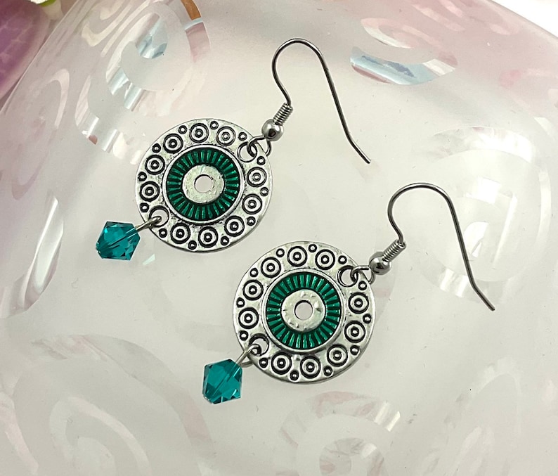 Abstract Design Earrings Modern Silver Pattern Earrings Green Swirl Funky Circle Earrings Crystal Dangle Earrings for her
