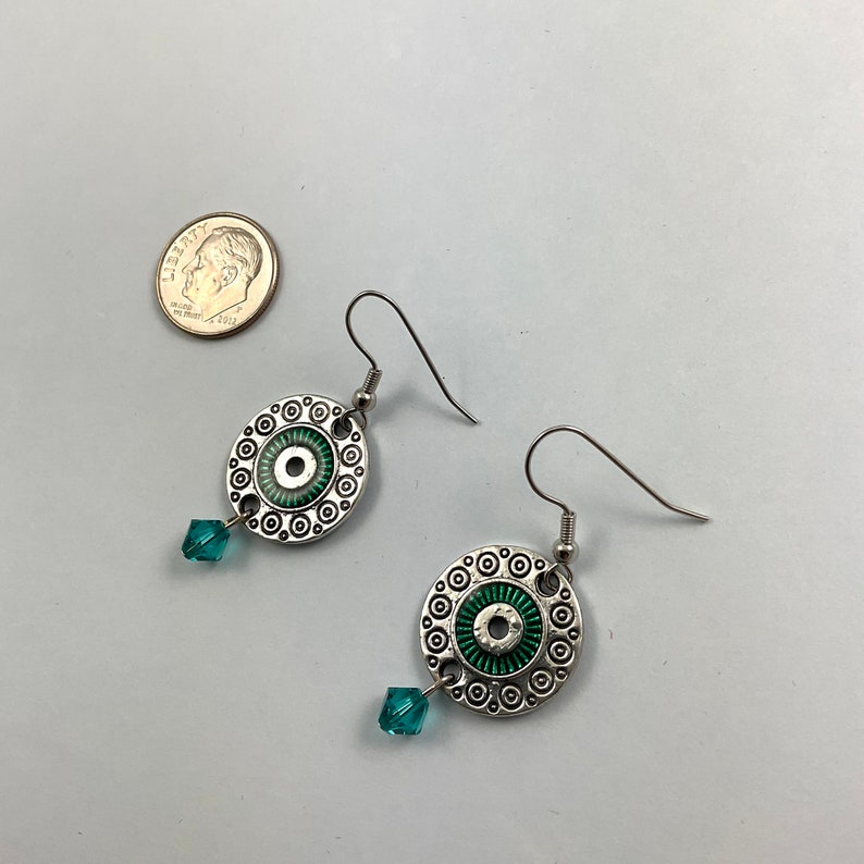Abstract Design Earrings Modern Silver Pattern Earrings Green Swirl Funky Circle Earrings Crystal Dangle Earrings for her