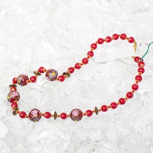 Unique piece! Vintage Murano glass necklace with red handmade beads, decorated with flowers and golden aventurines, Made in Italy