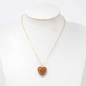 Vintage necklace with handmade Murano glass heart-shaped bead, honey color, aventurine decoration, 1980s Made in Italy