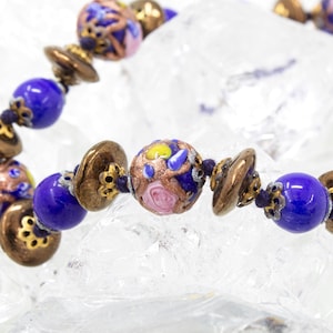 Unique piece! Vintage Murano glass necklace with blue handmade beads, decorated with pink flowers and golden aventurines, Made in Italy