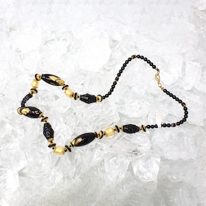Unique piece! Vintage Murano glass necklace with black handmade pearls, gold leaf decorations, 80s jewel Made in Italy