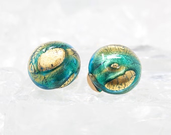 Vintage handmade Murano glass round earrings, aquamarine and gold color, decorated with silver leaf, 80s Made in Italy