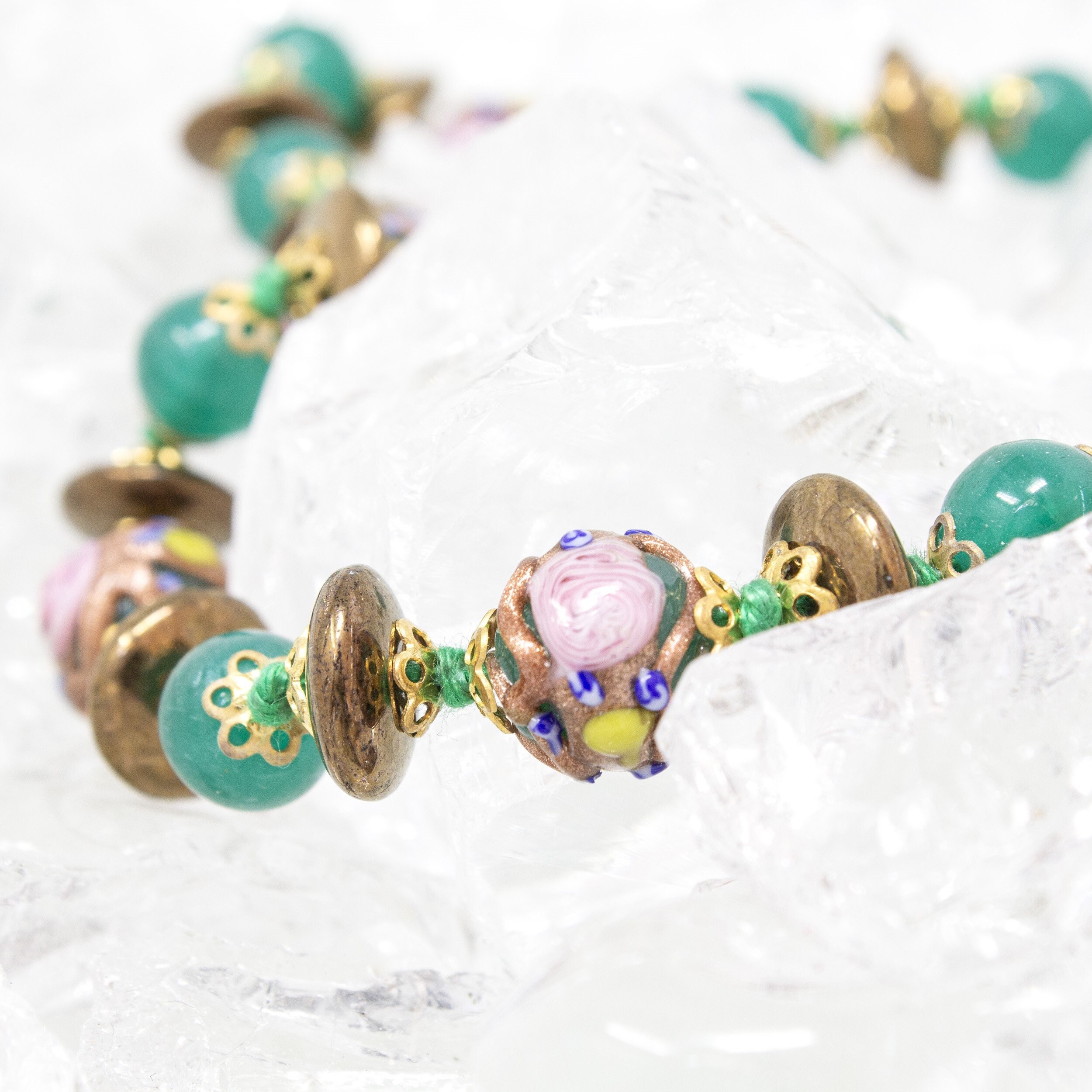 Collier Vintage En Verre Murano Vert - Métal Argenté, Pièce Unique Rétro