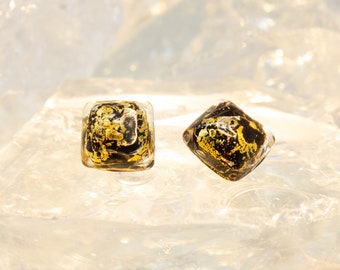 Vintage handmade Murano glass clip earrings, black squares, decorated with gold leaf, 80s jewel Made in Italy