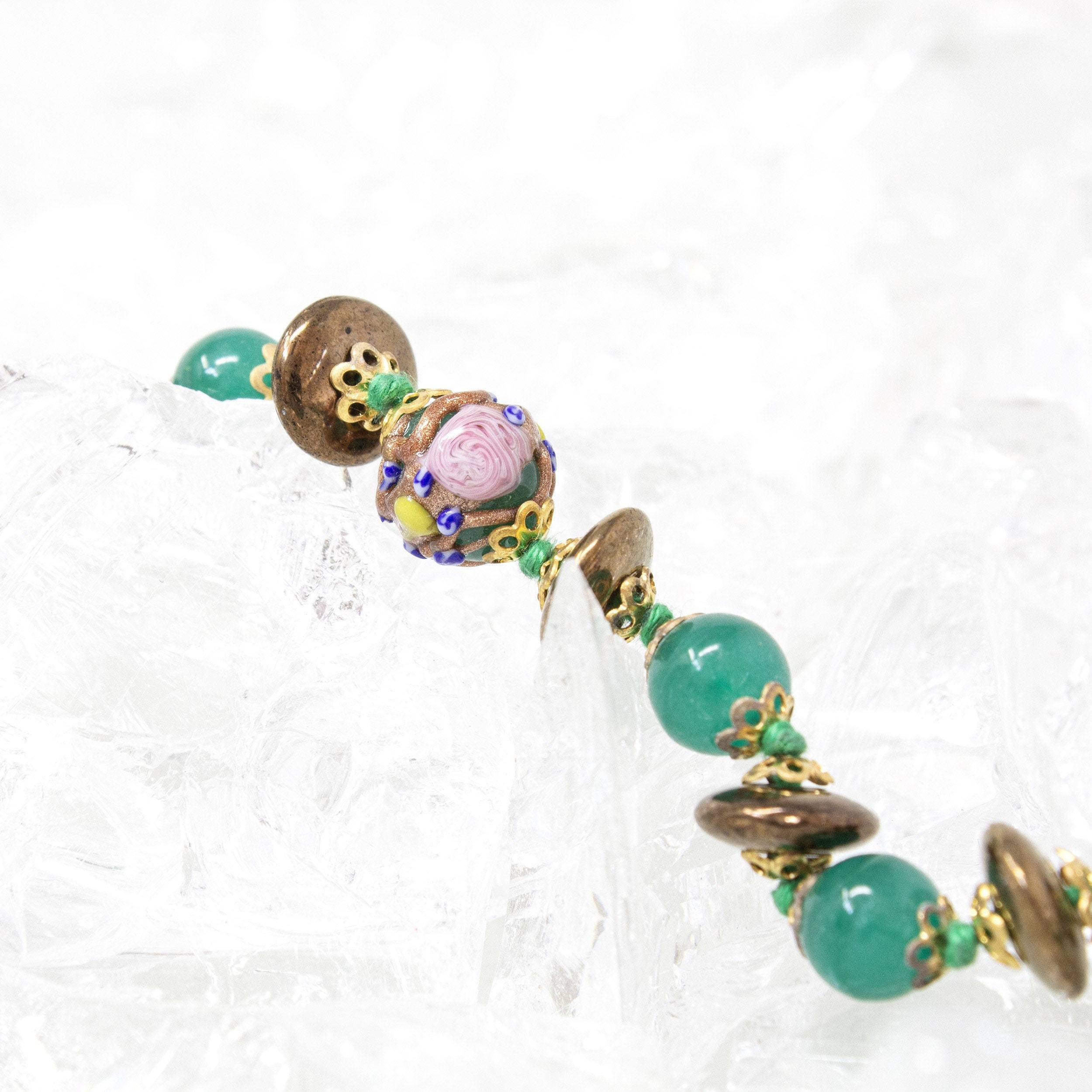 Collier Vintage En Verre De Murano Vert - Percle De Pierre - Monture Métal Argenté - Occasion