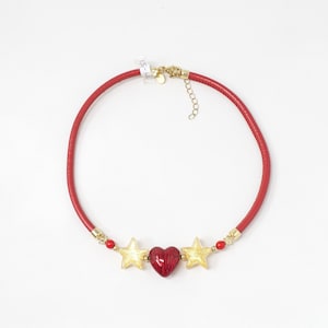 UNIQUE PIECE! Vintage Murano glass necklace with golden and red handmade pearls in the shape of a heart and star, 1980s Made in Italy
