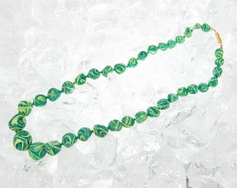 Vintage necklace with handmade Murano glass beads, green pearls with tone-on-tone decorations, 1980s jewelry Made in Italy