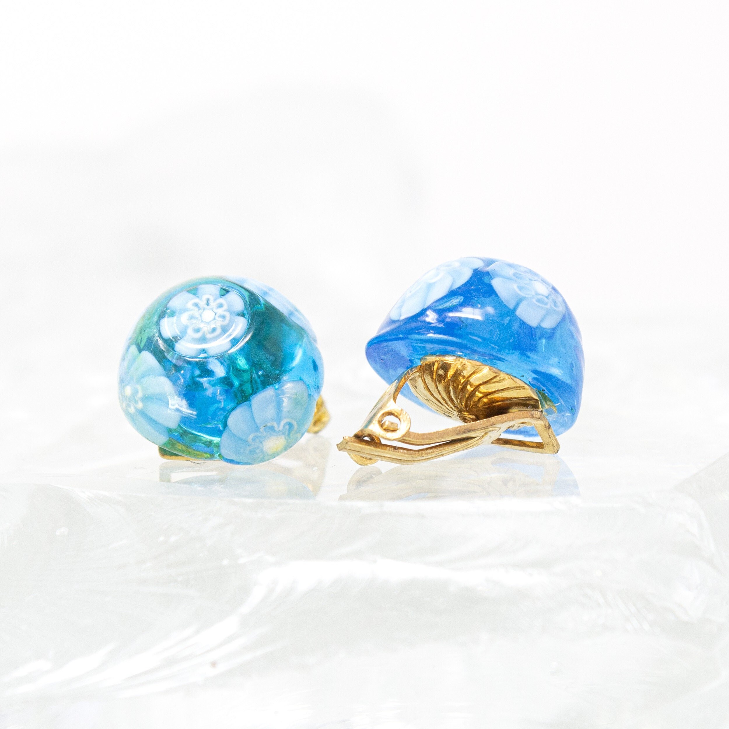 Vintage Handmade Murano Glass Earrings in Blue Round Shape