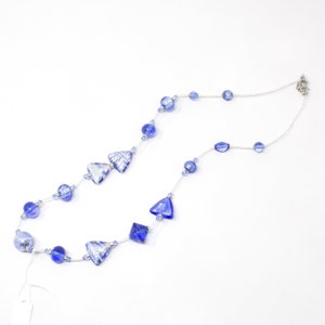 Unique piece! Vintage Murano glass necklace with blue handmade pearls, decorated with silver leaf, 80s jewel Made in Italy