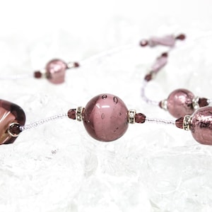 Unique piece! Vintage Murano glass necklace with handmade amethyst colored beads, decorated with silver leaf, 1980s Made in Italy
