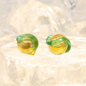 Handmade vintage Murano glass clip earrings, green-turquoise artistic decorations with gold leaf, 1980s Made in Italy