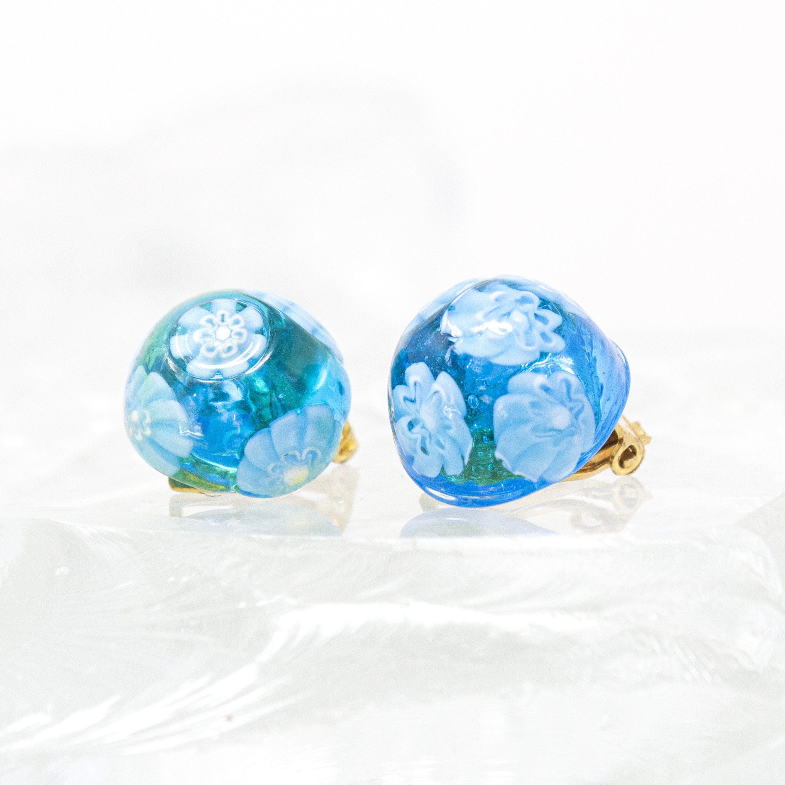 Vintage Handmade Murano Glass Earrings in Blue Round Shape