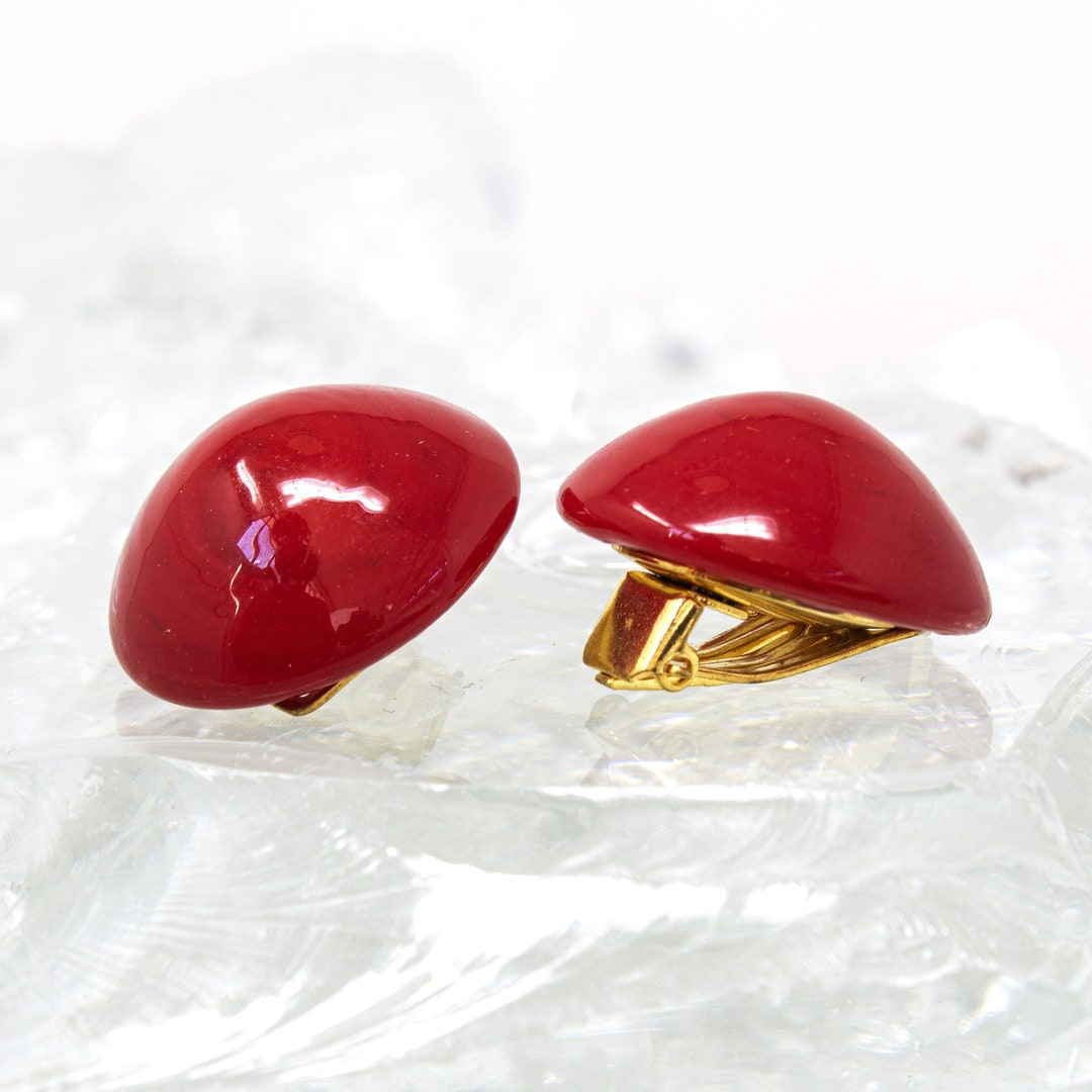 Boucles D'oreilles Clips En Verre Rouge Murano - Bijou Vintage - Occasion