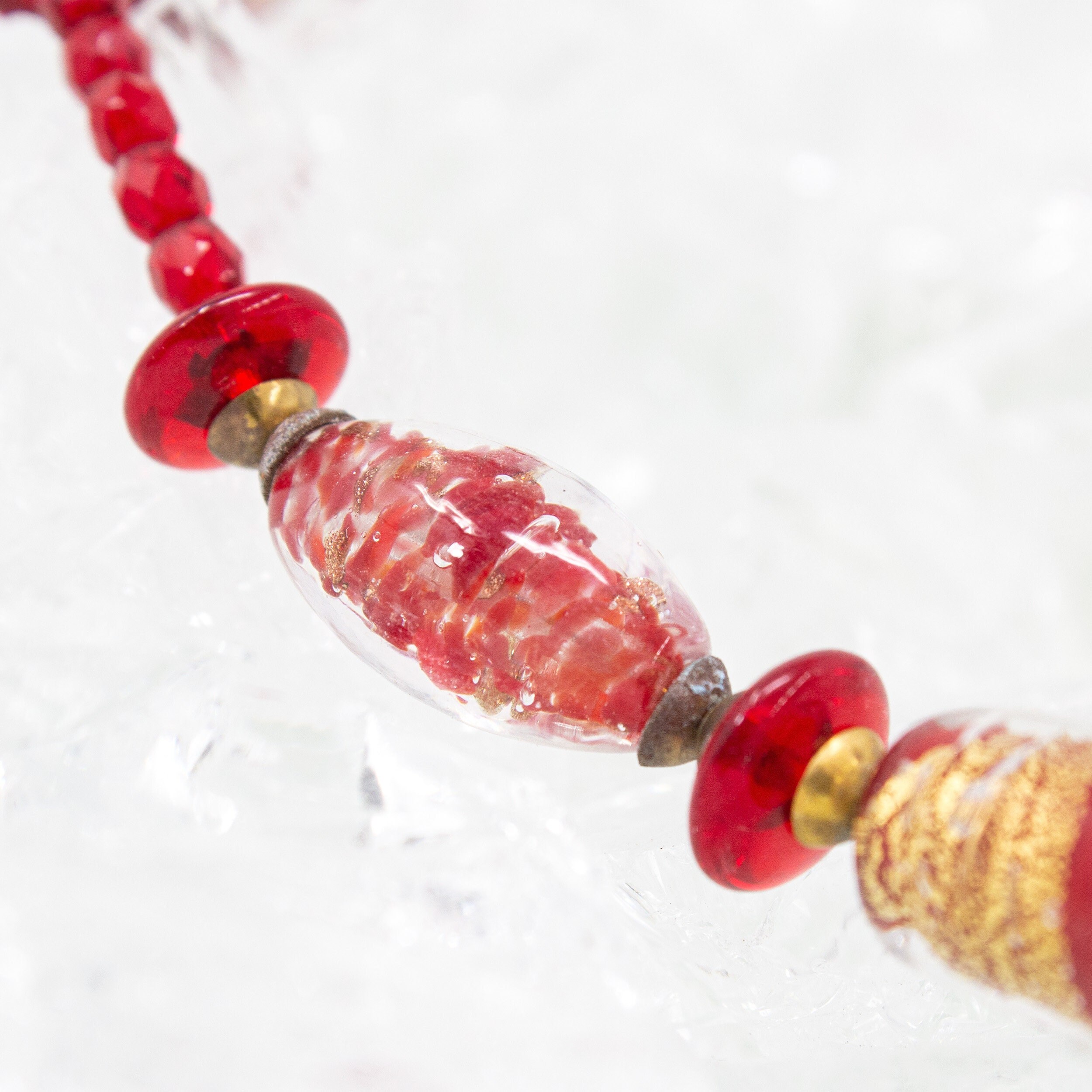 Collier Ancien Rouge Perles De Cristal Murano Facetté - Bijou Vintage Occasion