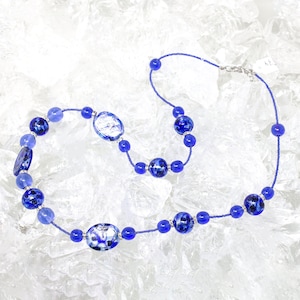 Unique piece! Vintage Murano glass necklace with blue handmade pearls, decorated with silver leaf, 80s jewel Made in Italy