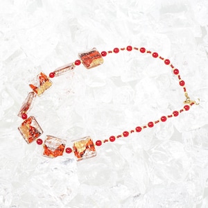 Unique Piece! Vintage Murano glass necklace with handmade red vergole, decorated with aventurine and golden leaf