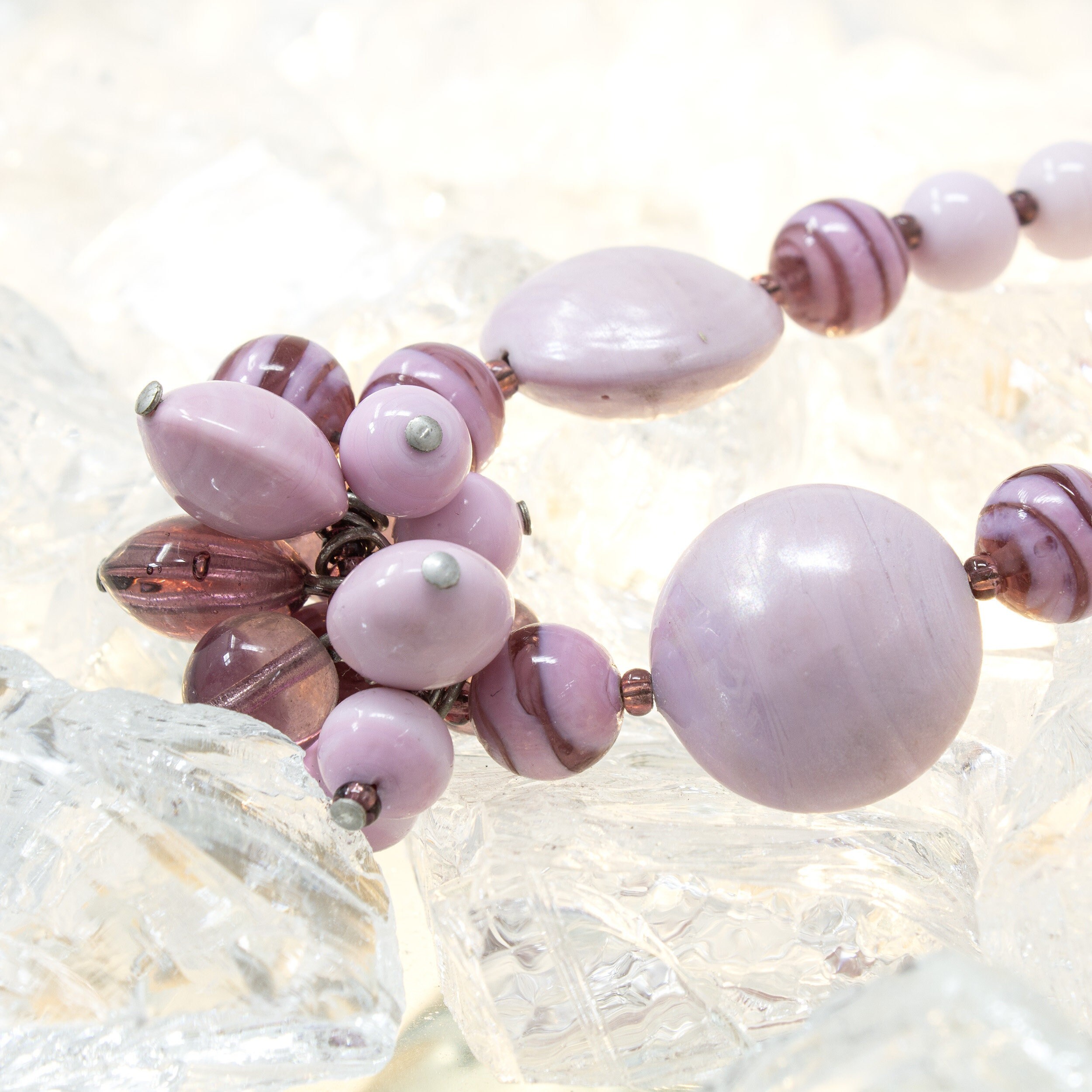 Collier Sautoir Ancien En Perles De Murano Et Améthyste - Occasion, Style Bohème, Doré