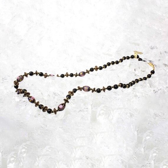 Collier Vintage En Verre Murano – Perles Noires à Motifs Dorés – Fait Main – 41-45 Cm