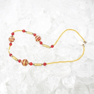 Unique piece! Vintage Murano glass necklace with handmade golden and red pearls, decorations with gold leaf, 1980s Made in Italy