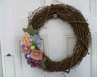 Felt Flower Wreath, 3D flowers, wool felt