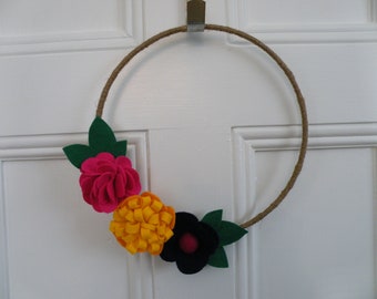 Felt Flower Wreath, 3D flowers, wool felt