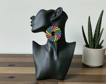 Multicolor Pinwheel Dangle Earrings: Wood, Lightweight