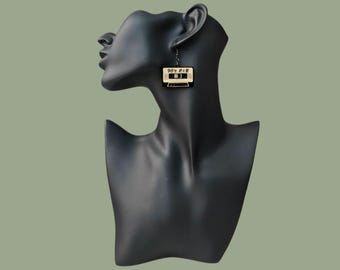 90s R&B Cassette Tape Earrings – Engraved Acrylic Dangle – Lightweight Handmade Hook Earrings – Retro Hip Hop Jewelry