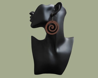Spiral Swirl Wooden Earrings | Lightweight Round Dangle Earrings | Handmade Hook Earrings | Boho Natural Jewelry Gift for Her