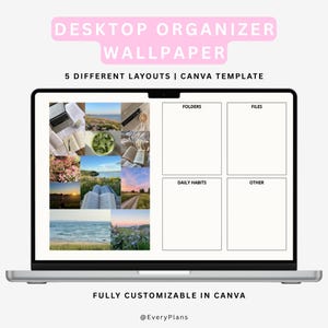 May include: A laptop screen displaying a desktop organiser wallpaper template. The left side features a collage of nature and lifestyle photos, while the right side contains four labelled boxes for FOLDERS, FILES, DAILY HABITS, and OTHER.