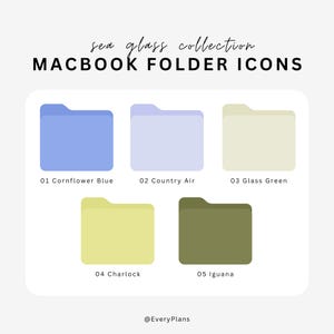 Può includere: Un set digitale di cinque icone di cartelle MacBook dalla sea glass collection. Le icone sono etichettate 01 Cornflower Blue, 02 Country Air, 03 Glass Green, 04 Charlock e 05 Iguana. Il testo EveryPlans appare nella parte inferiore dell'immagine.