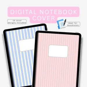 Könnte beinhalten: Zwei digitale Notizbuch-Cover mit Streifenmustern. Eines hat blaue und gelbe Streifen, das andere rosa und weiße. Der Text "DIGITAL NOTEBOOK COVER" steht über den Tablets, mit "15 cover designs included" und "ideal for Goodnotes".
