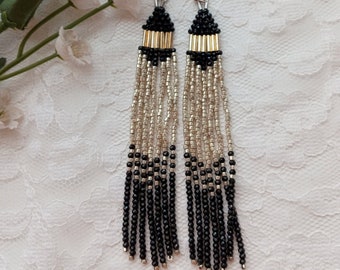 black Iolite stone and silver beaded fringe earrings