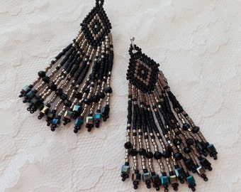 Black and silver beaded fringe earrings