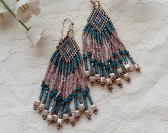 Blue and Lavender beaded fringe earrings