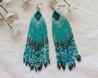 Turquoise beaded fringe earrings