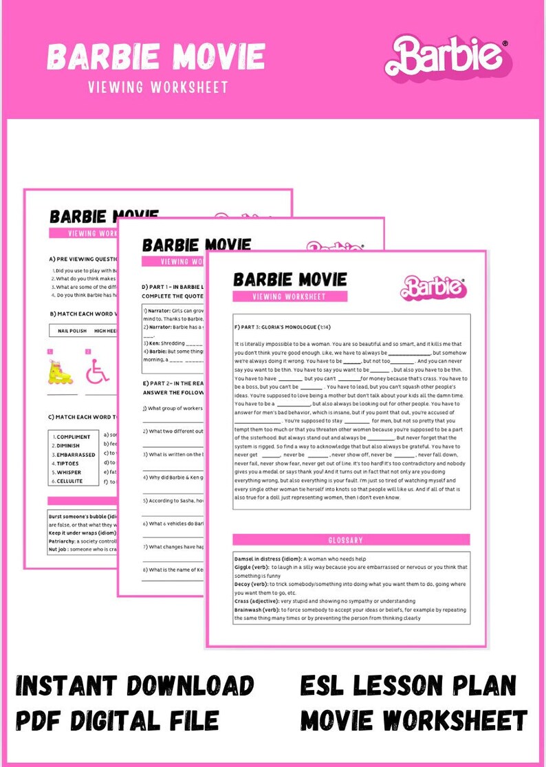 Barbie Movie Viewing Printable 4 Page Worksheet ESL Suitable for A2- B2 ...