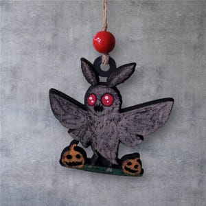 Folklore Inspired Mothman Holiday Ornament - Hand-painted Wood Bauble
