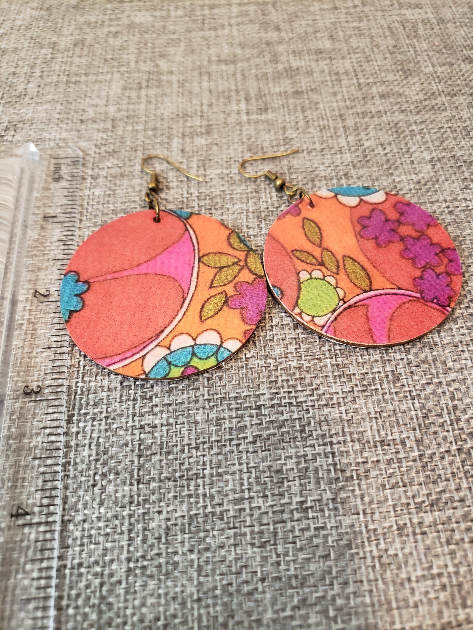 Groovy Floral Decoupage Wooden Earrings 2 inch circle Etsy