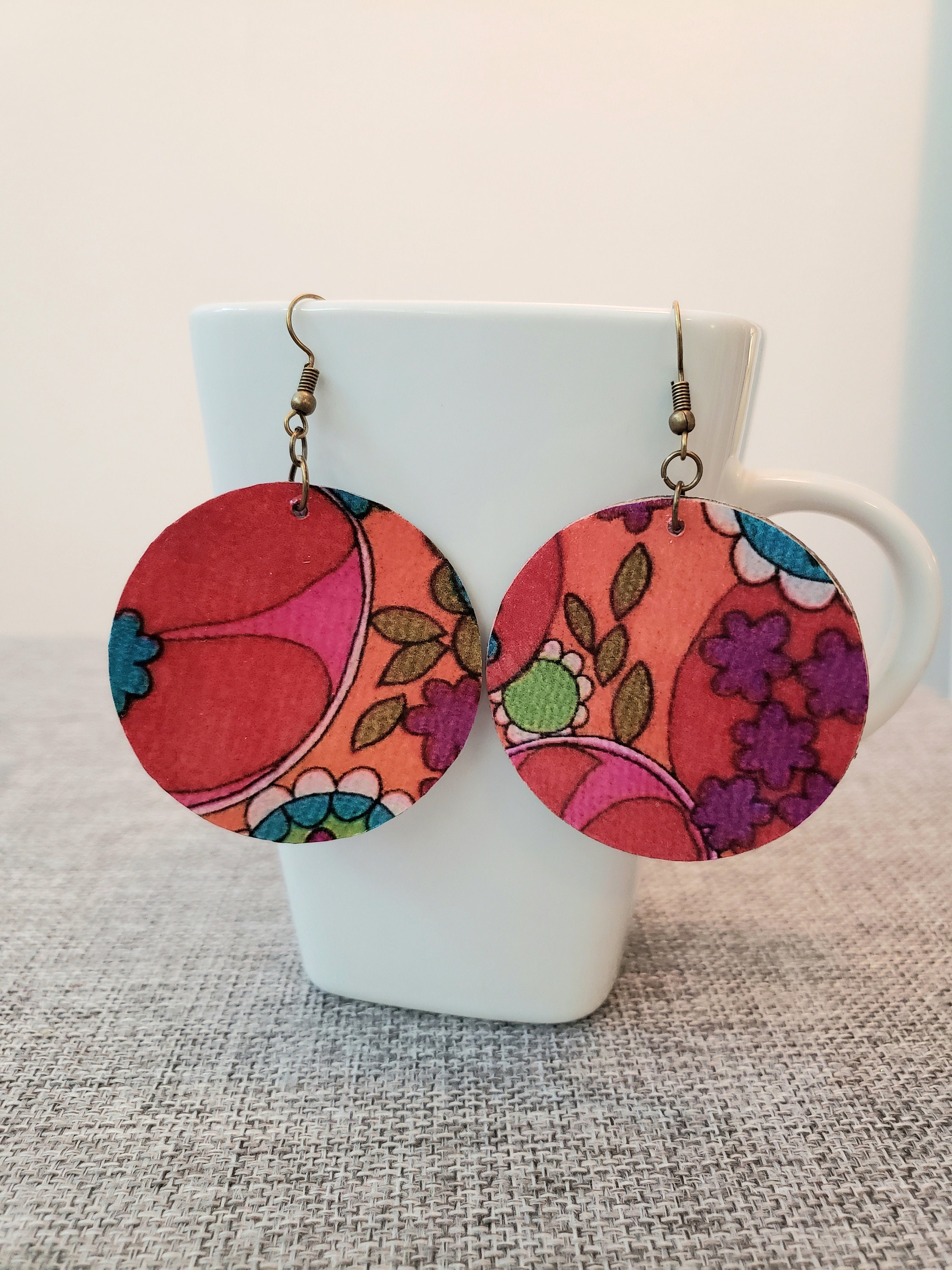 Groovy Floral Decoupage Wooden Earrings 2 inch circle Etsy