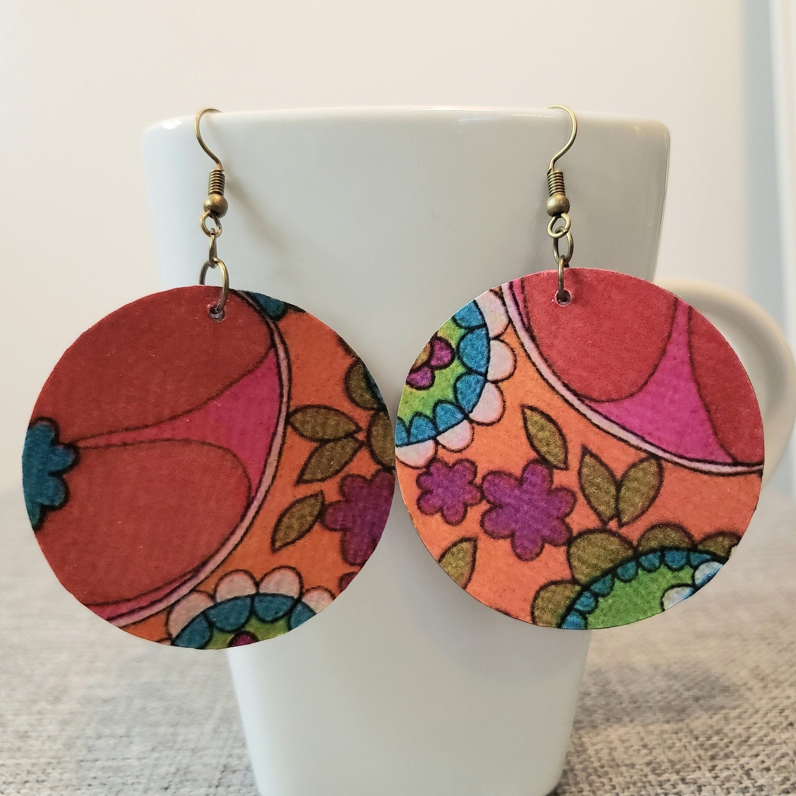 Groovy Floral Decoupage Wooden Earrings 2 inch circle Etsy