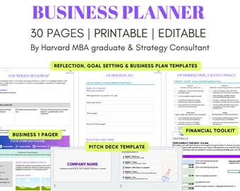 Business Planner by Harvard MBA Grad | Editable Business Plan Template, Pitch Deck, Start Up / Side Hustle Workbook, Financial Plan Tool