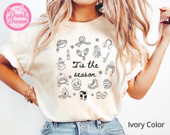 Tis The Season Christmas Shirt, Cozy Winter Icons Tee, Holiday Graphic Shirt, Christmas Gift For Her, Cute Minimal Christmas T-Shirt