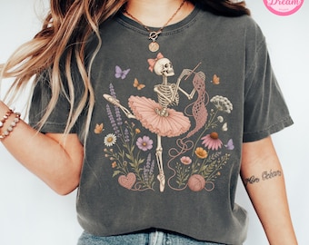 Comfort Colors Crochet Skeleton Shirt, Halloween Knitting Tee, Coquette Wildflower Cottagecore Shirt, Spooky Crochet Lover Gift