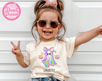 Custom Iridescent Coquette Halloween Girls Ghost Shirt, Cute Little Girl Tee, Girly Spooky T-Shirt, Aesthetic Halloween Outfit, Boo Girls.