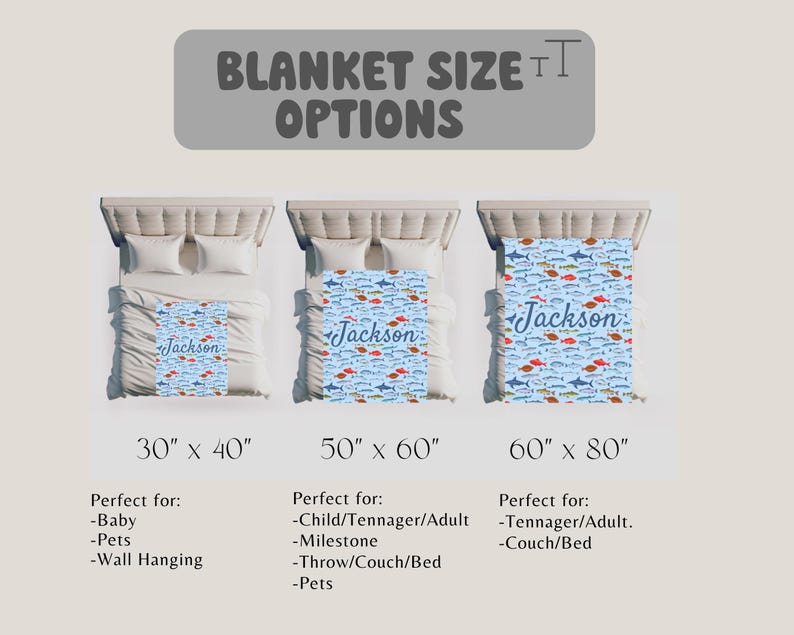 May include: A light blue blanket with a fish pattern and the name "Jackson" in cursive. The image shows three blanket sizes: 30" x 40", 50" x 60", and 60" x 80". The text "BLANKET SIZE OPTIONS" is at the top.
